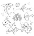 set cute cartoon sea animals black and white vector image