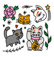 set of kawaii japanese cartoon stickers kitsune vector image