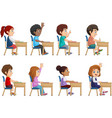 Cartoon school kids raising hand in the classroom Vector Image