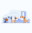 factory workers and robotic arm removing packages vector image