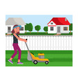 cartoon friendly smiling young woman mowing grass vector image