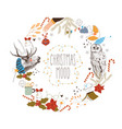 christmas wreath with reindeer owl and holiday vector image