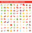 100 food and drink icons set isometric 3d style vector image