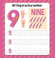 writing practice number 9 worksheet vector image vector image