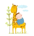 little boy hugging a giraffe vector image