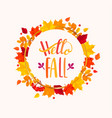 hello fall lettering in frame from autumn leaves vector image
