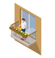 isometric woman watering flowers on her outdoor vector image