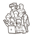 group people using digital devices cartoon vector image