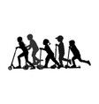 group children riding scooter silhouette vector image