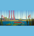 green swamp with floating log cattail near lake vector image