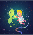 alien meets astronaut in outer space kids cartoon vector image
