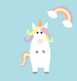 unicorn holding rainbow cloud baloon kawaii face vector image vector image