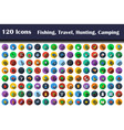 120 icons of fishing travel hunting camping vector image