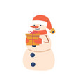 snowman wear santa hat and mittens holding gift vector image