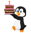 cute penguin cartoon holding birthday cake vector image