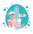 young man taking shower - round shape composition vector image