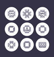 chipset cpu line icons set microchip gpu 8-core vector image