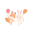 lovely white little bunny and fox cub vector image