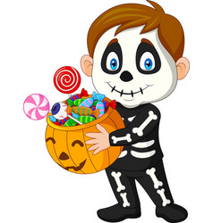Cartoon kid with skeleton costume holding pumpkin