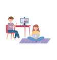 stay at home boy in online meeting with computer vector image