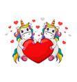 two cute unicorns holding a red heart isolated vector image