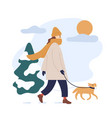 woman in warm clothes walking dog snowy winter vector image vector image