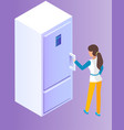 female character opens refrigerator with clock vector image
