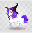 cute cartoon unicorn with purple hair in witch vector image