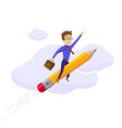 businessman flying on a rocket up in clouds vector image