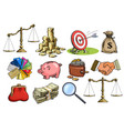 cartoon business set scales stack of coins sack vector image vector image