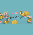 mid autumn banner gold rabbit and 3d pink flower vector image