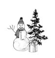 snowman with present over christmas tree vector image vector image