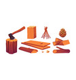 set firewood wooden logs slices axe in stump vector image