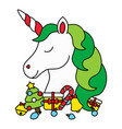 cute christmas unicorn head with items vector image
