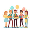 laughing and smiling people with gifts cake vector image