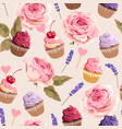 seamless pattern with cupcakes and flowers vector image vector image