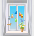 easter window with colored eggs and birds vector image vector image