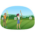 man and woman standing with bows aiming vector image